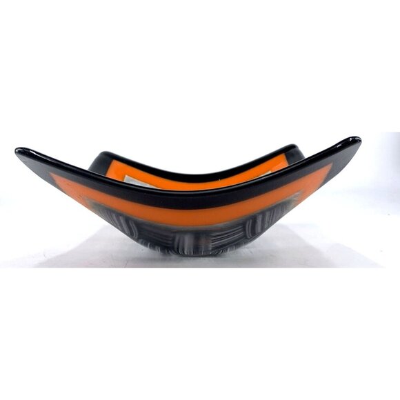 Fused Art Glass Bowl Candy Trinket Dish Black Orange 7 x 7" Unsigned - Picture 4 of 8